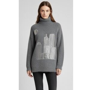 I.B. Diffusion Sweater Womens S Silk Blend Gray Cityscape Rabbit Hair Turtleneck